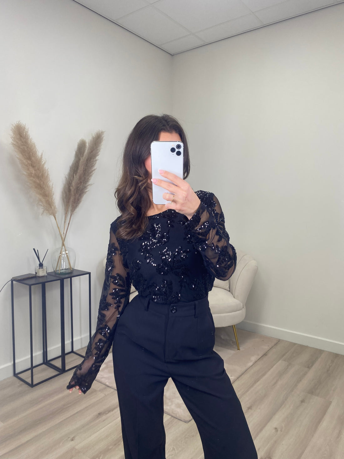 Shimmer Mesh Top Zwart